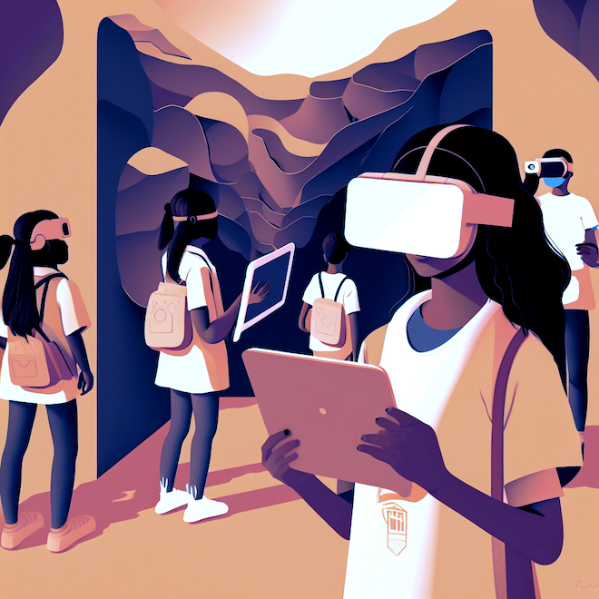 An infographic showing students exploring the metaverse.