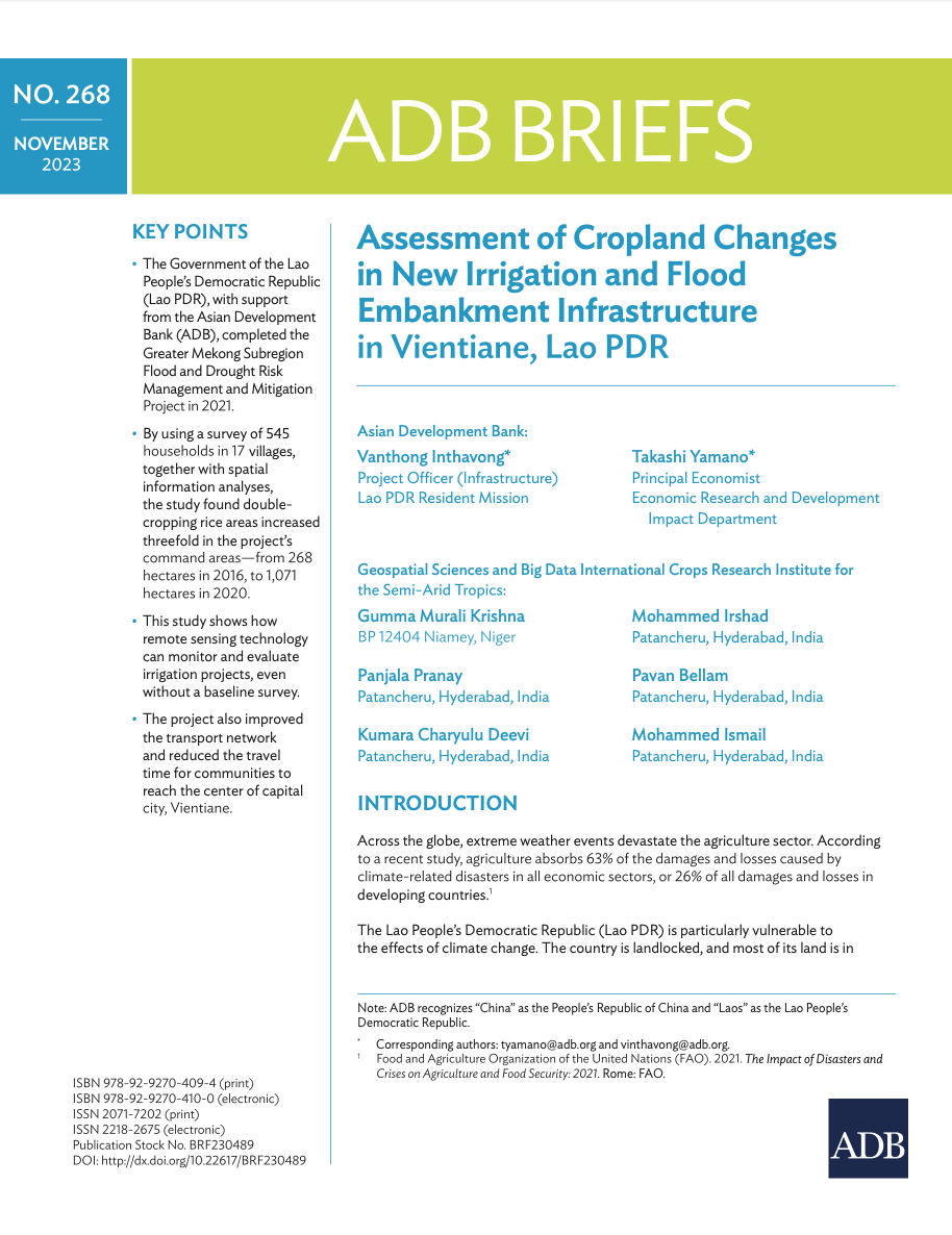 Cover Assessment of Cropland Changes in New Irrigation and Flood Embankment Infrastructure in Vientiane, Lao PDR.