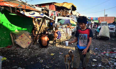 A boy plays with a dog with shanties in the background 