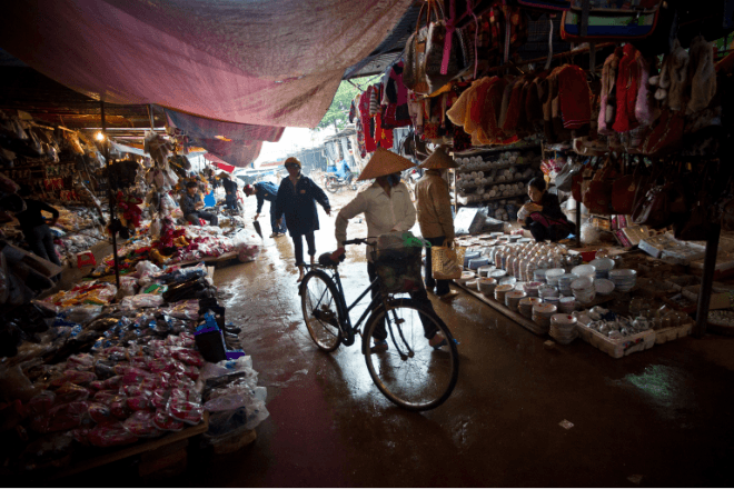 People mill around a wet market in Viet Nam.