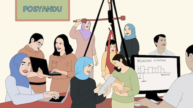 Illustration of health workers with some clients in Indonesia.