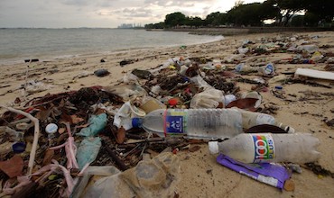 Plastic and other wastes littering a beach in Southeast Asia.