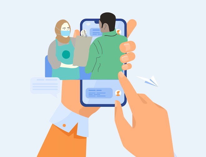 An illustration of a woman entrepreneur assisting a customer overlaid over oversized hands working on a smartphone.