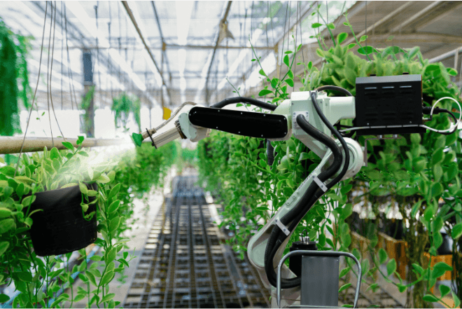 A robotic arm waters plants.