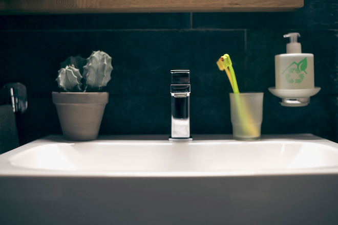 A view of bathroom amenities in a hotel.