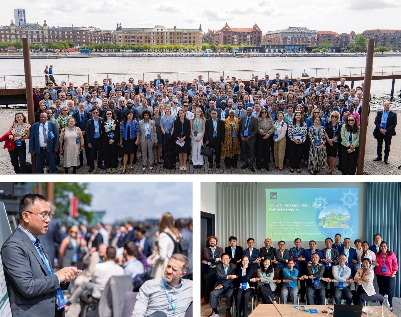 Photos clockwise: More than 250 delegates comprising of government officials, analytical community, and philanthropists gathered at the CFMCA’s Second Annual Forum on Macroeconomics of Green and Resilient Transitions in Copenhagen, Denmark.  Participants from Southeast Asia and Bhutan held a closed-door forum debrief session to discuss key takeaways, challenges, and actions that could be taken forward both from a national and regional level.  John Narag, Director of the International Finance Group at the Department of Finance (DOF) of the Philippines, shares the role of the DOF in ensuring fiscal resilience and facilitating the mobilization of finance resources for the Philippines’ climate actions such as reviewing the NDC Implementation Plan and National Adaptation Plan, climate-responsive public financial management report, and studying the implementation of a voluntary carbon market, among others.