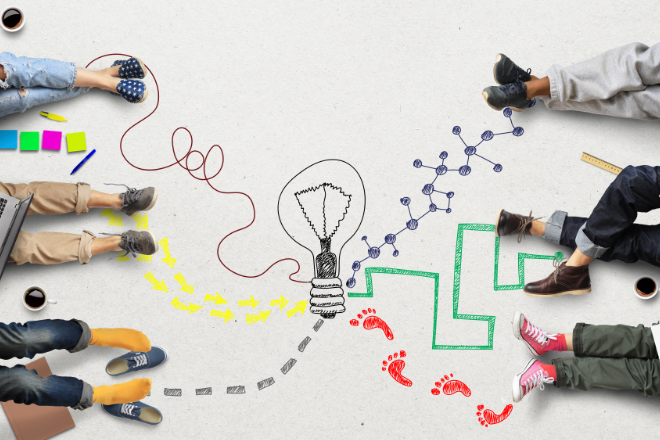 A photo illustration featuring brainstorming and innovation.