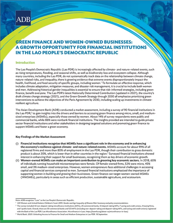 Green Finance and Women-Owned Businesses: A Growth Opportunity for Financial Institutions in the Lao People’s Democratic Republic cover.