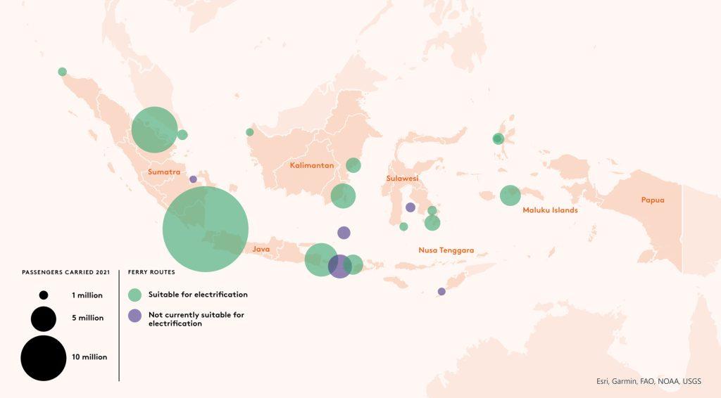 An infographic mapping the suitability for ferry routes for electrification. 